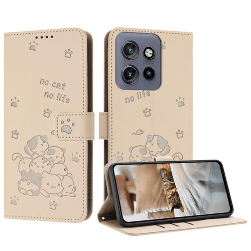 Moto G 2025 Embossed Kitten Phone Leather Case with Lanyard - Beige